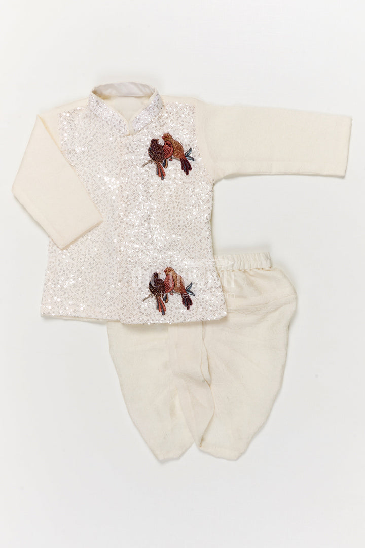 The Nesavu Boys Dothi Set Toddler Boys Dhoti Set for Festive Occasions and Family Functions Nesavu 10 (NB) / White / Georgette BES944C-10 Nesavu toddler boys embroidered dhoti set with sequins and bird motifs for festive occasions
