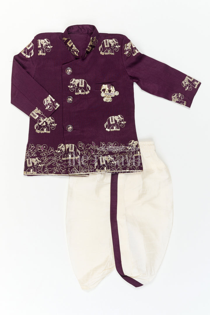 The Nesavu Boys Kurtha Set Toddler Boys Elephant Embroidery Kurta Set for Weddings Nesavu Nesavu Toddler Boys Elephant Embroidery Kurta Set With Dhoti Pants For Festive Weddings