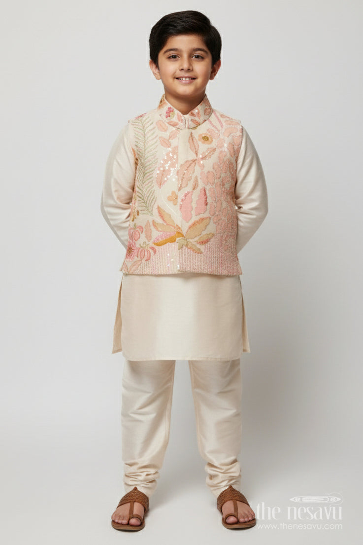 The Nesavu Boys Jacket Sets Toddler Boys Embroidered Jacket Set for Weddings and Cultural Day Nesavu 16 (1Y) / Cream BES743A-16 Nesavu toddler boys jacket set sequin embroidery weddings festive functions