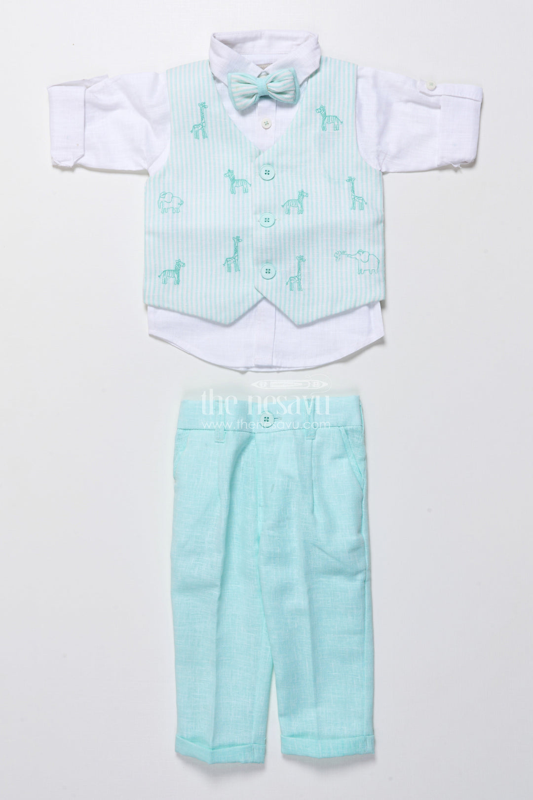 The Nesavu Boys Casual Set Toddler Boys Ethnic Cotton Outfit with Embroidered Jacket for Functions Nesavu 16 (1Y) / Blue BCS440A-16 Nesavu ethnic cotton outfit toddler boys animal embroidery jacket bow tie set
