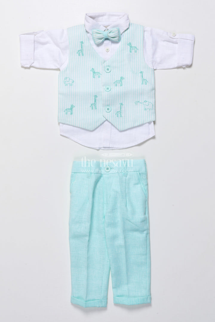 The Nesavu Boys Casual Set Toddler Boys Ethnic Cotton Outfit with Embroidered Jacket for Functions Nesavu 16 (1Y) / Blue BCS440A-16 Nesavu ethnic cotton outfit toddler boys animal embroidery jacket bow tie set