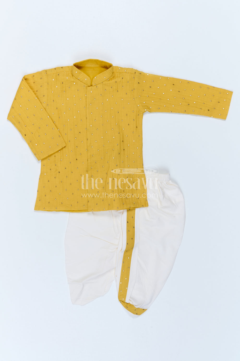 The Nesavu Boys Dothi Set Toddler Boys Ethnic Dothi Outfit for Festive Celebrations Nesavu 10 (NB) / Yellow / Viscose Silk BES1020D-10 Nesavu Toddler Boys Ethnic Dothi Outfit With Foil Detailing For Weddings And Festive Wear