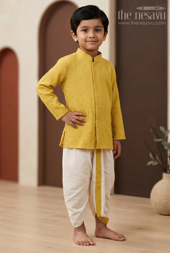 The Nesavu Boys Dothi Set Toddler Boys Ethnic Dothi Outfit for Festive Celebrations Nesavu 10 (NB) / Yellow / Viscose Silk BES1020D-10 Nesavu Toddler Boys Ethnic Dothi Outfit With Foil Detailing For Weddings And Festive Wear