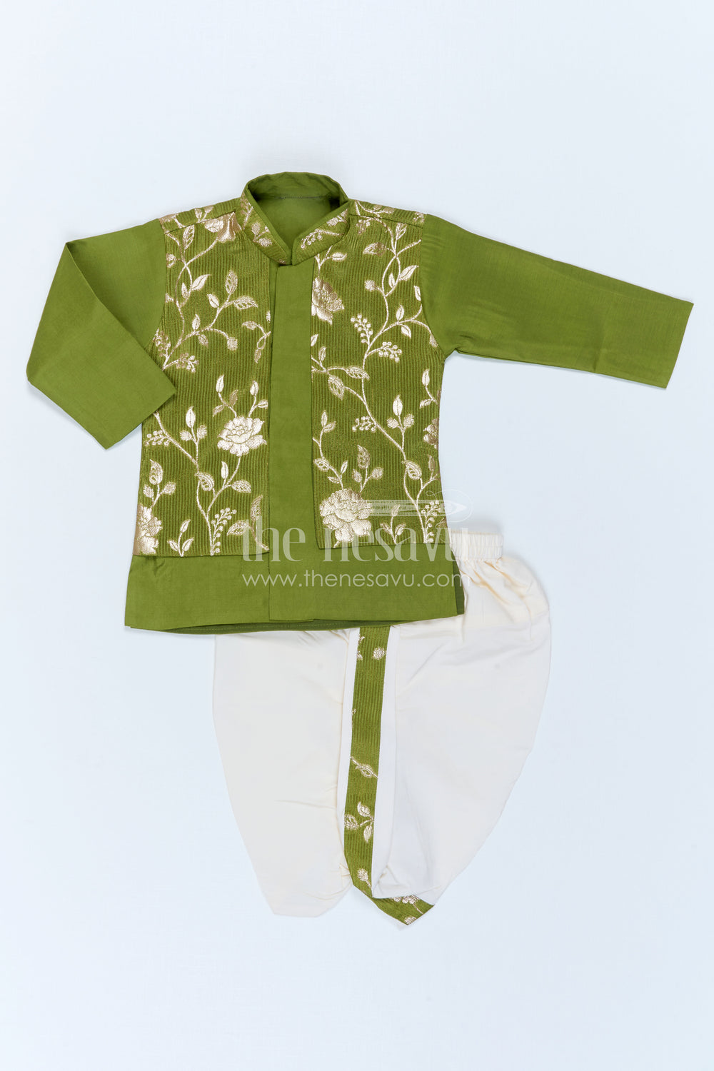 The Nesavu Boys Jacket Sets Toddler Boys Ethnic Jacket Outfit for Traditional Family Functions Nesavu 10 (NB) / Green / Viscose Silk BES1023B-10 Nesavu Toddler Boys Ethnic Jacket Outfit With Floral Detailing For Festive Family Occasions