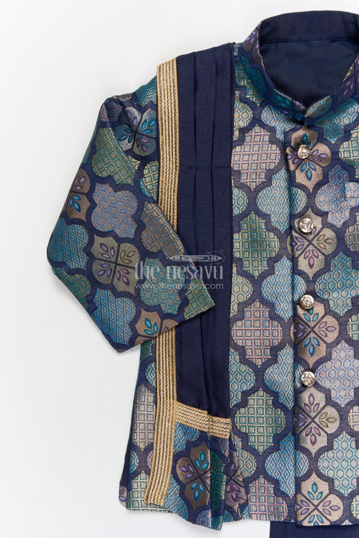 The Nesavu Boys Dothi Set Toddler Boys Festive Dhoti Kurta Set with Jacket-style Detailing Nesavu Nesavu toddler boys Banaras jacquard silk dhoti kurta set with jacket-style kurta for festive occasions