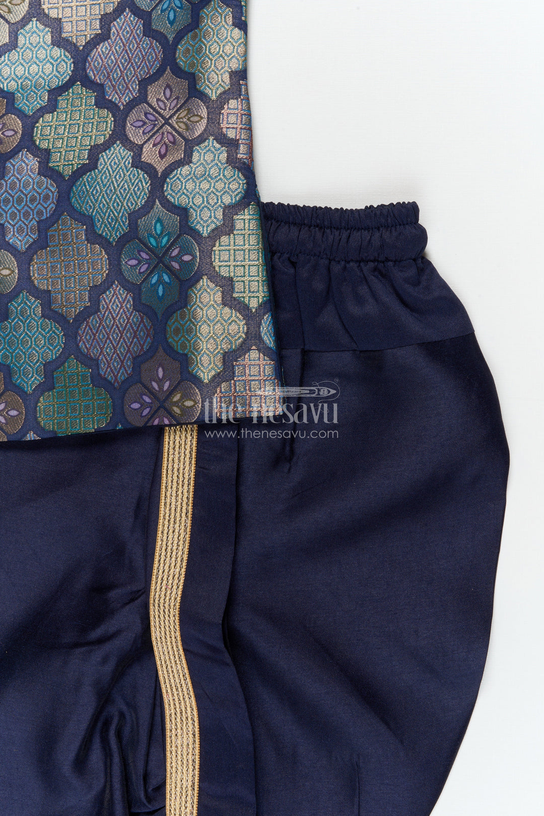 The Nesavu Boys Dothi Set Toddler Boys Festive Dhoti Kurta Set with Jacket-style Detailing Nesavu Nesavu toddler boys Banaras jacquard silk dhoti kurta set with jacket-style kurta for festive occasions