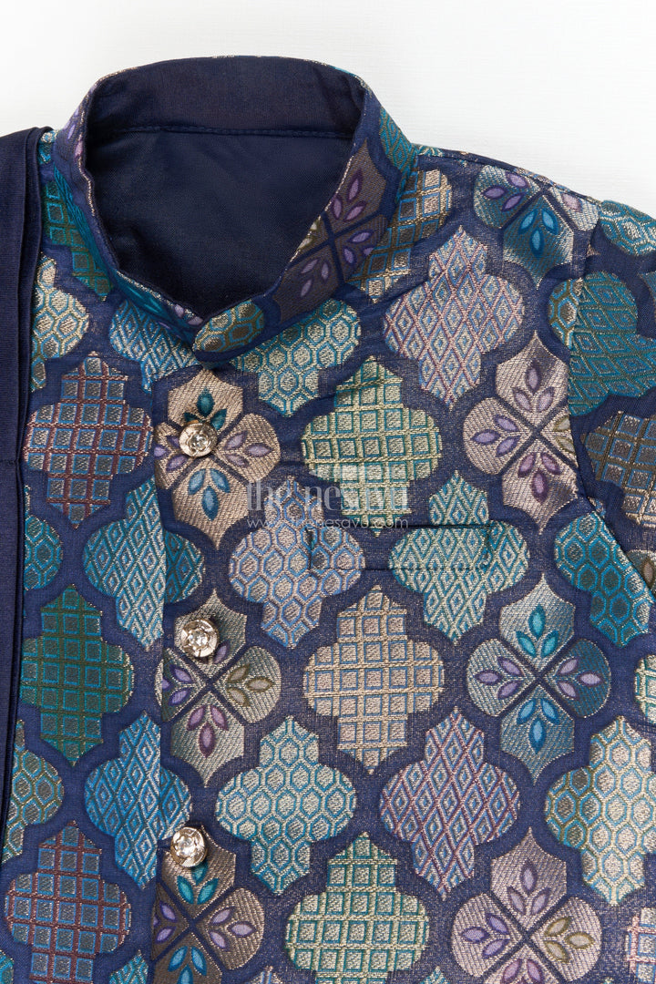 The Nesavu Boys Dothi Set Toddler Boys Festive Dhoti Kurta Set with Jacket-style Detailing Nesavu Nesavu toddler boys Banaras jacquard silk dhoti kurta set with jacket-style kurta for festive occasions