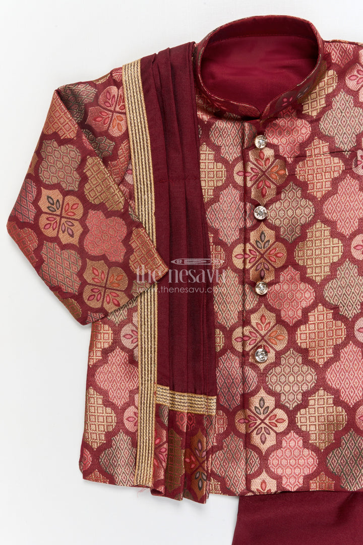 The Nesavu Boys Dothi Set Toddler Boys Festive Dhoti Kurta Set with Traditional Jacket Styling Nesavu Nesavu toddler boys jacquard silk dhoti kurta set with festive jacket-style kurta and zari detailing