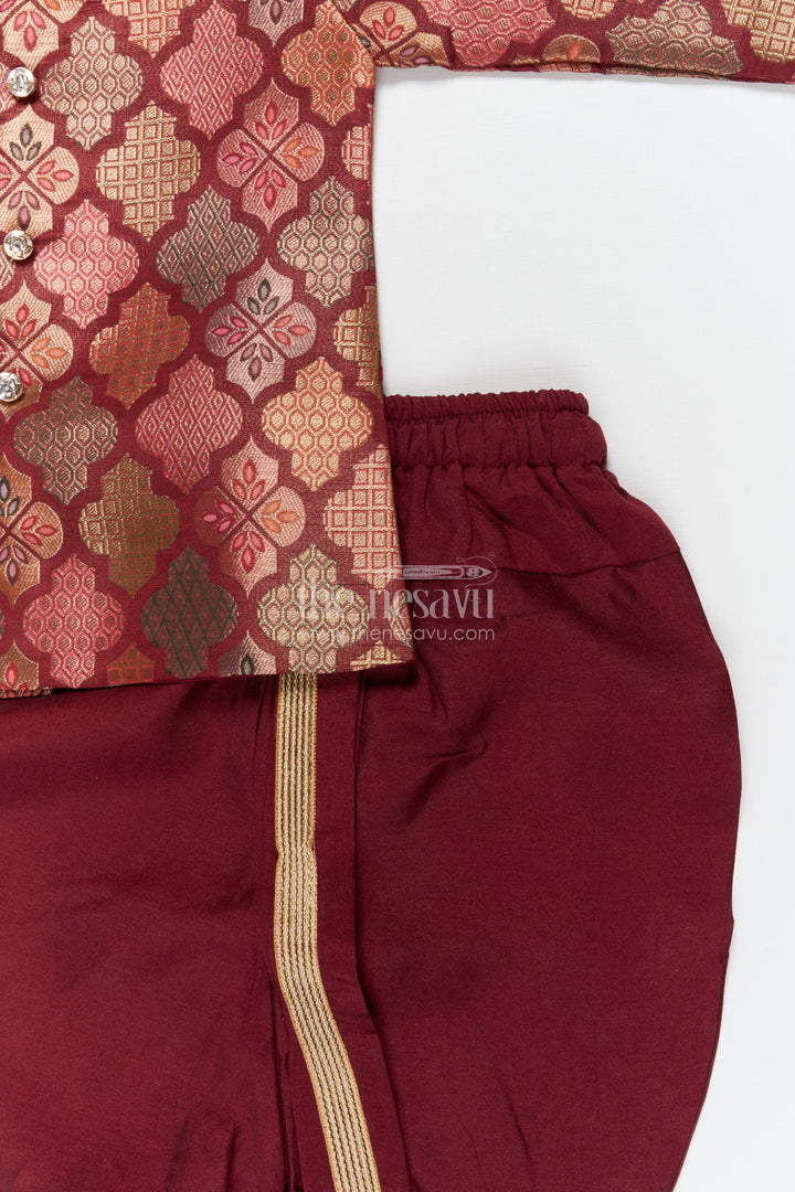 The Nesavu Boys Dothi Set Toddler Boys Festive Dhoti Kurta Set with Traditional Jacket Styling Nesavu Nesavu toddler boys jacquard silk dhoti kurta set with festive jacket-style kurta and zari detailing