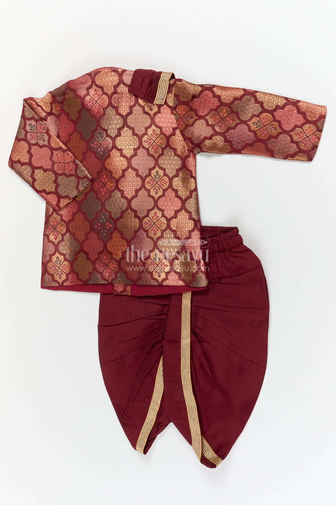 The Nesavu Boys Dothi Set Toddler Boys Festive Dhoti Kurta Set with Traditional Jacket Styling Nesavu Nesavu toddler boys jacquard silk dhoti kurta set with festive jacket-style kurta and zari detailing