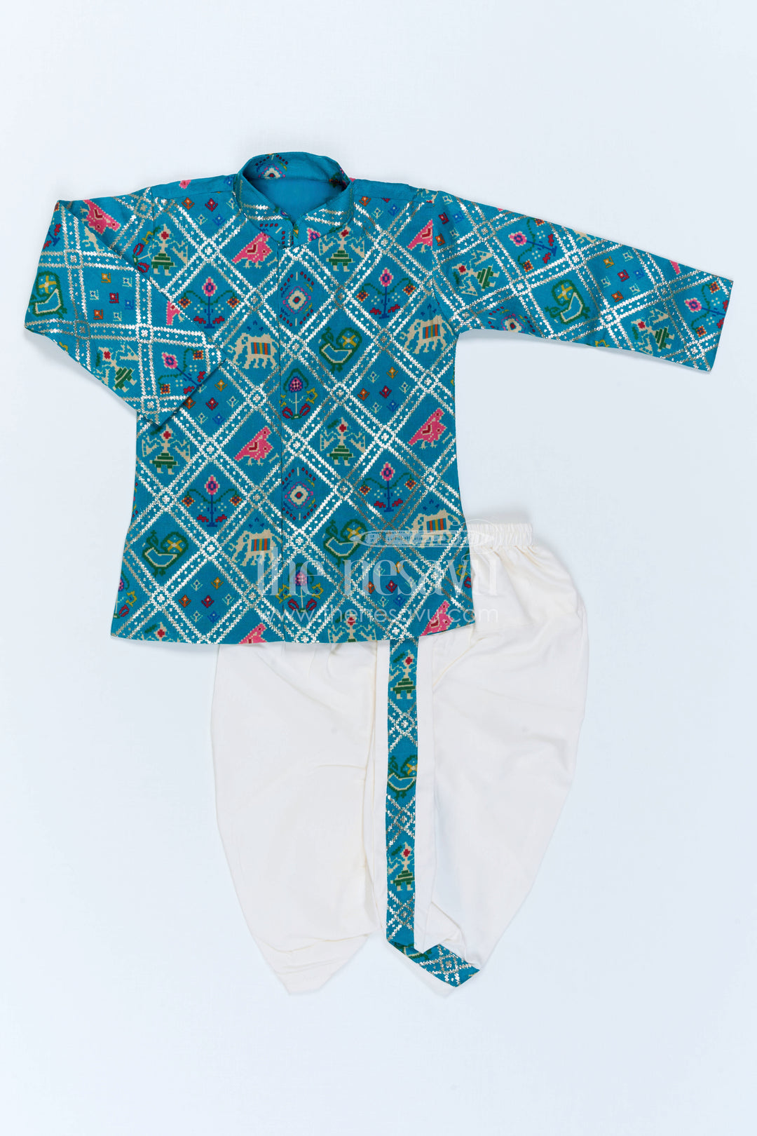 The Nesavu Boys Dothi Set Toddler Boys Festive Dothi Set for Traditional Celebrations Nesavu 10 (NB) / Green / Viscose Silk BES1022C-10 Nesavu Toddler Boys Festive Dothi Set With Patola Print For Cultural And Wedding Occasions