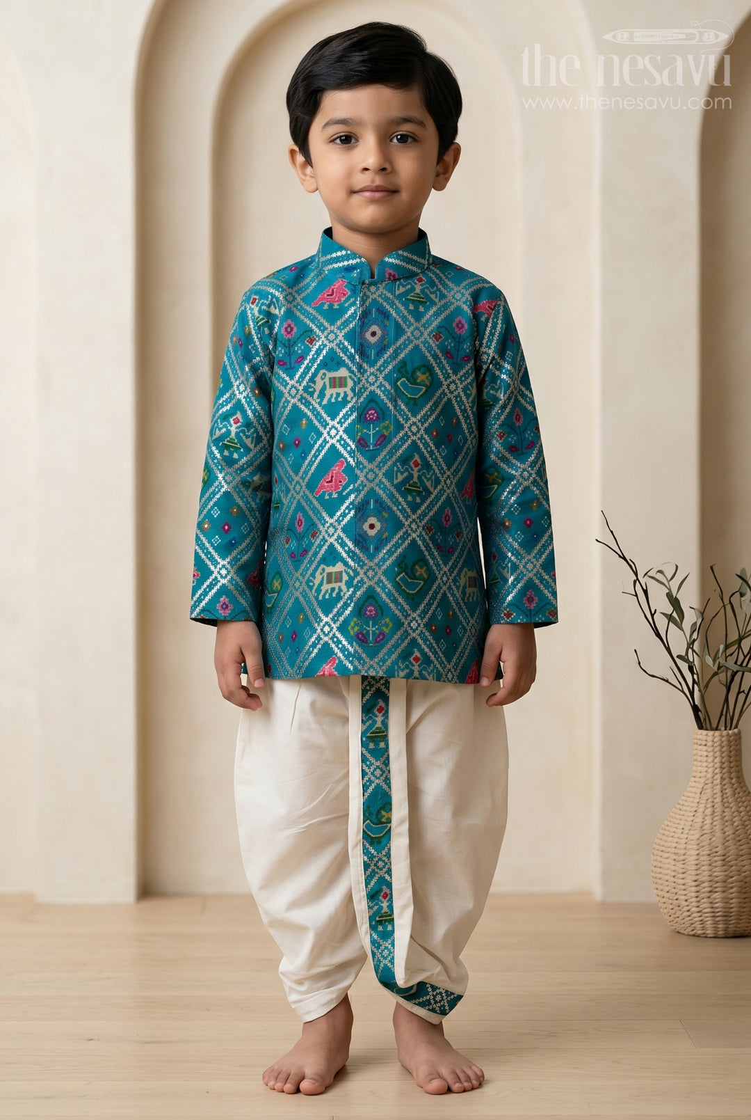 The Nesavu Boys Dothi Set Toddler Boys Festive Dothi Set for Traditional Celebrations Nesavu 10 (NB) / Green / Viscose Silk BES1022C-10 Nesavu Toddler Boys Festive Dothi Set With Patola Print For Cultural And Wedding Occasions