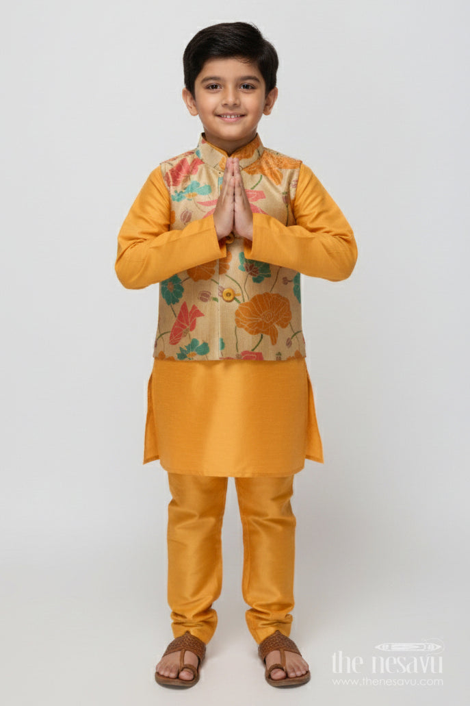 The Nesavu Boys Jacket Sets Toddler Boys Festive Jacket Set for Weddings and Ethnic Day Nesavu 14 (6M) / Yellow BES715A-14 Nesavu toddler boys festive jacket set digital print weddings ethnic functions