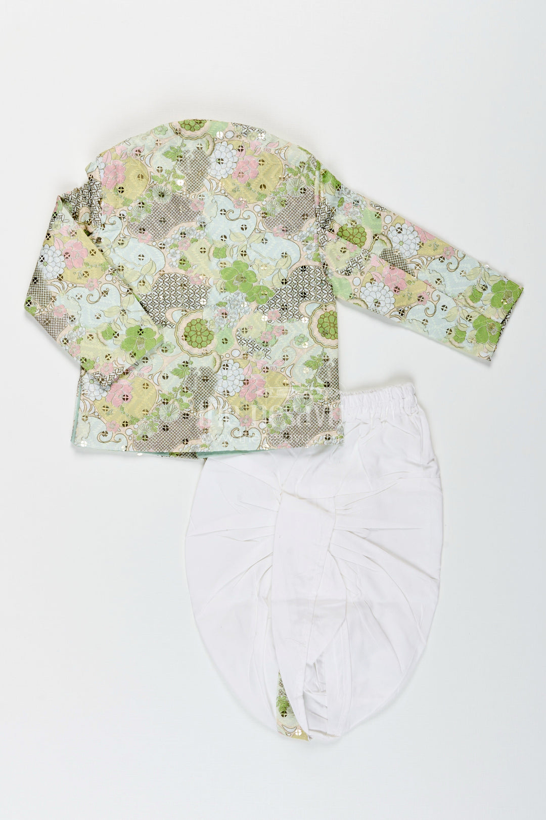 The Nesavu Boys Dothi Set Toddler Boys Green Printed Cotton Blend Dothi Set for Weddings and Temple Visits Nesavu Nesavu toddler boys green printed cotton blend dothi set embroidered jacket weddings