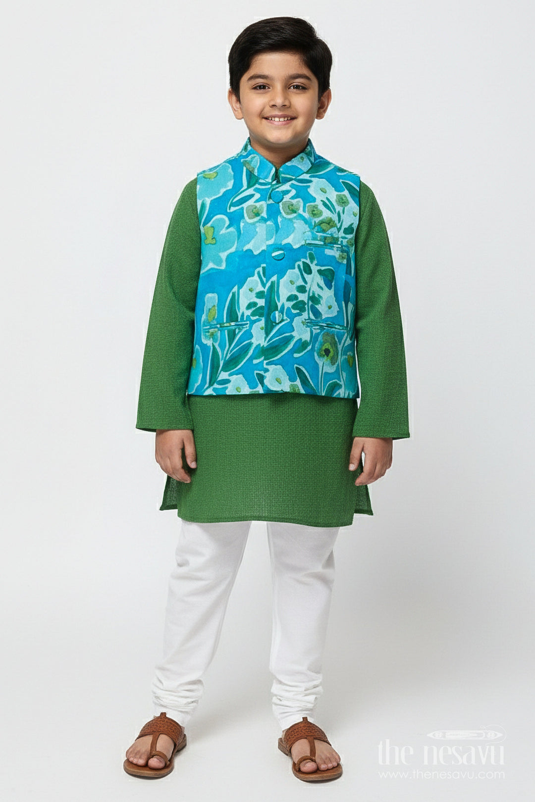 The Nesavu Boys Jacket Sets Toddler Boys Jacket Set for Festive Functions and Weddings Nesavu 16 (1Y) / Green BES788A-16 Nesavu toddler boys festive jacket set digital print weddings celebrations