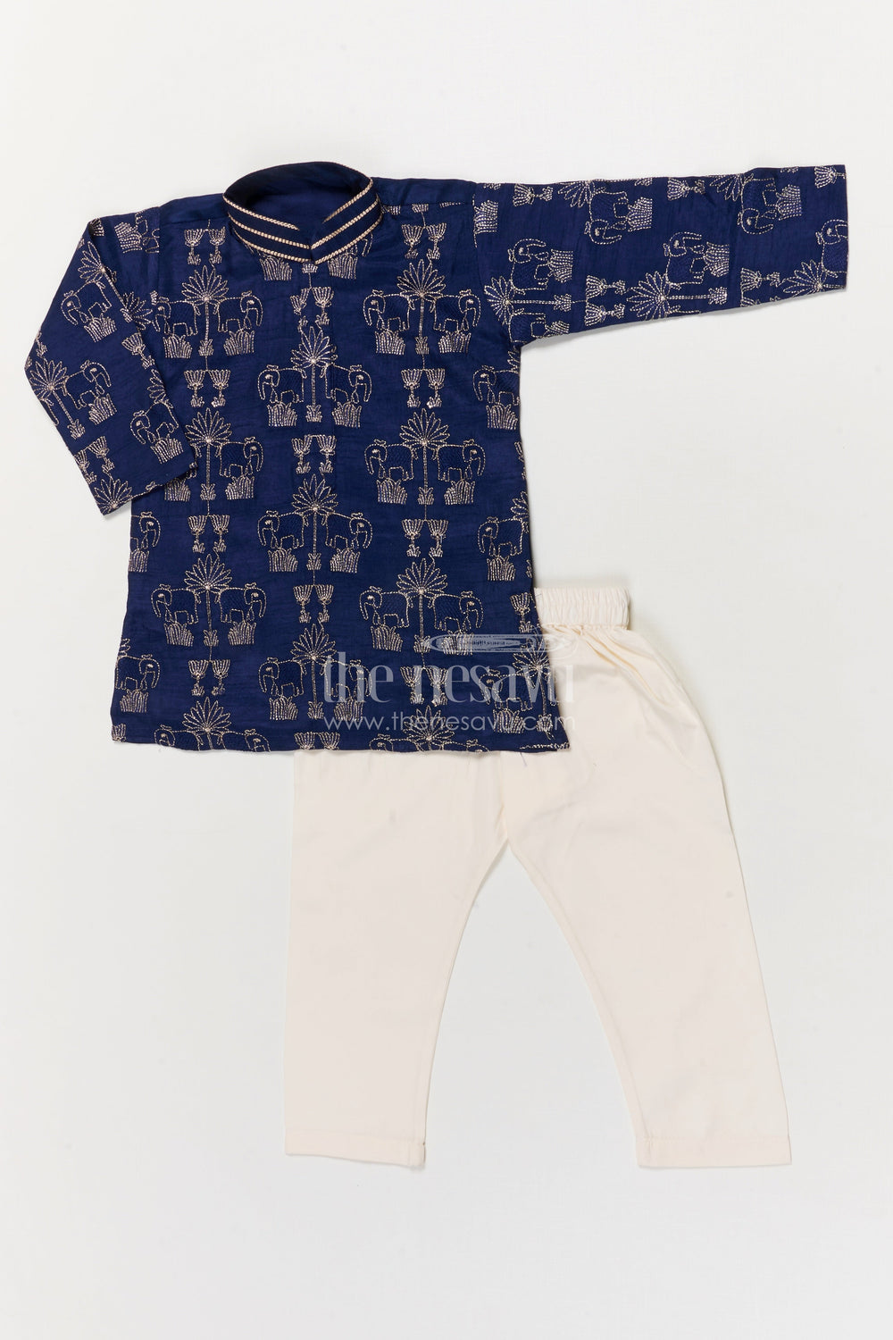 The Nesavu Boys Kurtha Set Toddler Boys Kurta Set for Traditional Weddings and Ethnic Functions Nesavu 16 (1Y) / Blue / Silk Blend BES754B-16 Nesavu toddler boys kurta set with thread embroidery for weddings and traditional ceremonies