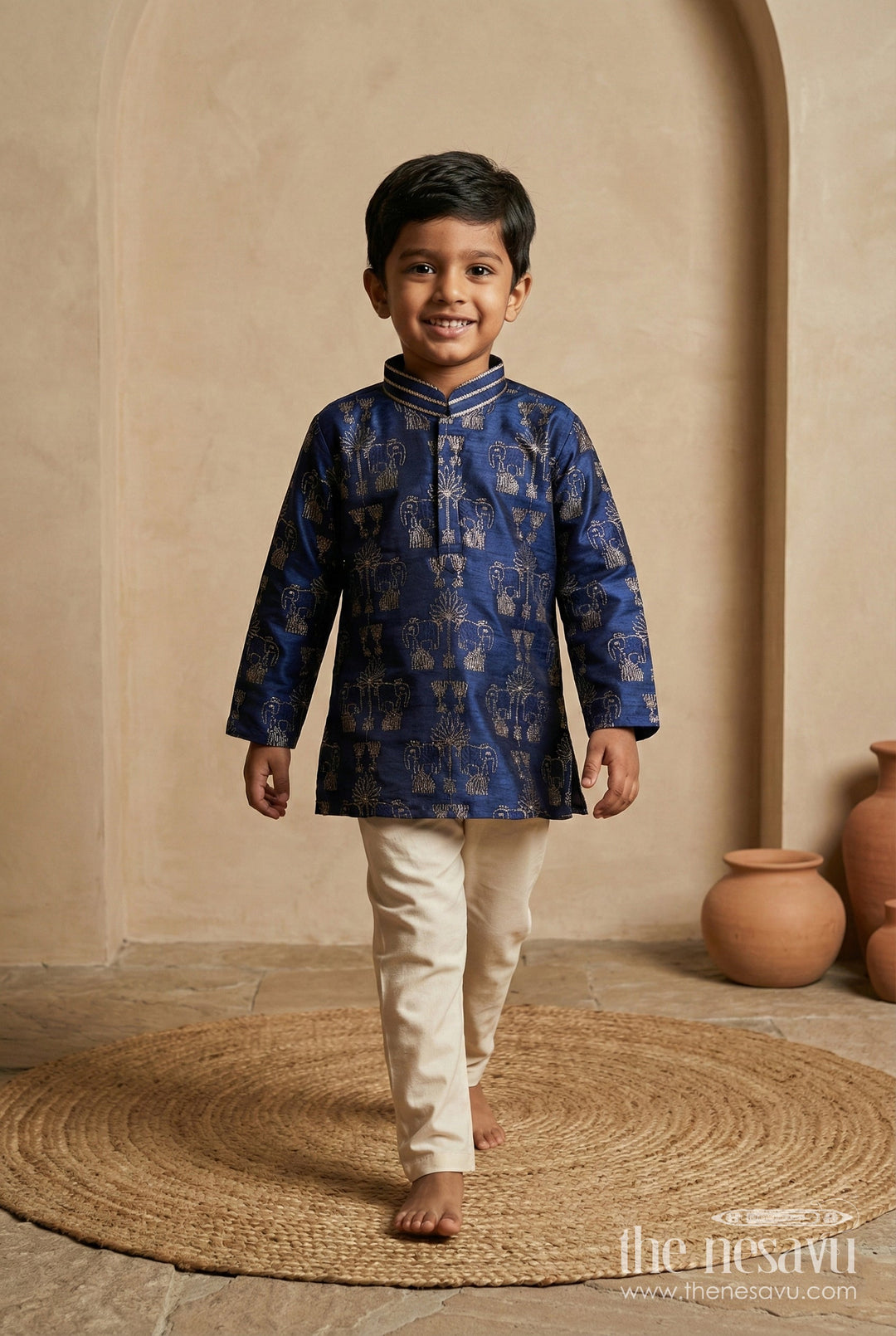 The Nesavu Boys Kurtha Set Toddler Boys Kurta Set for Traditional Weddings and Ethnic Functions Nesavu 16 (1Y) / Blue / Silk Blend BES754B-16 Nesavu toddler boys kurta set with thread embroidery for weddings and traditional ceremonies
