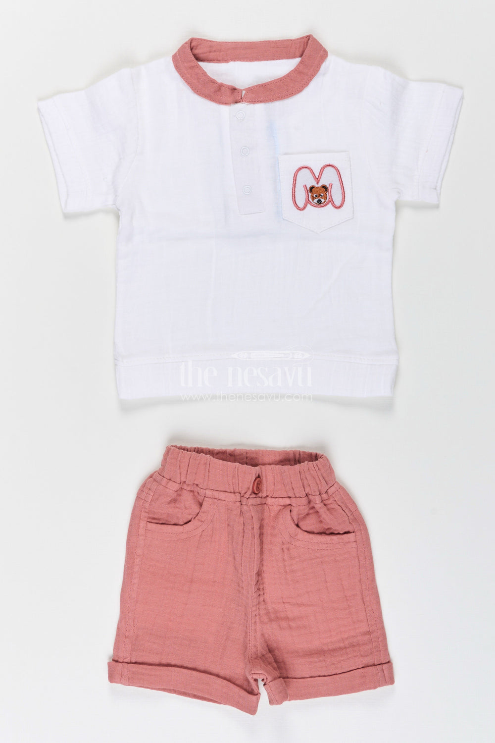 The Nesavu Boys Casual Set Toddler Boys Muslin Cotton Polo Shirt and Shorts Set Nesavu Nesavu toddler boys muslin cotton polo shirt with bear embroidery and shorts set