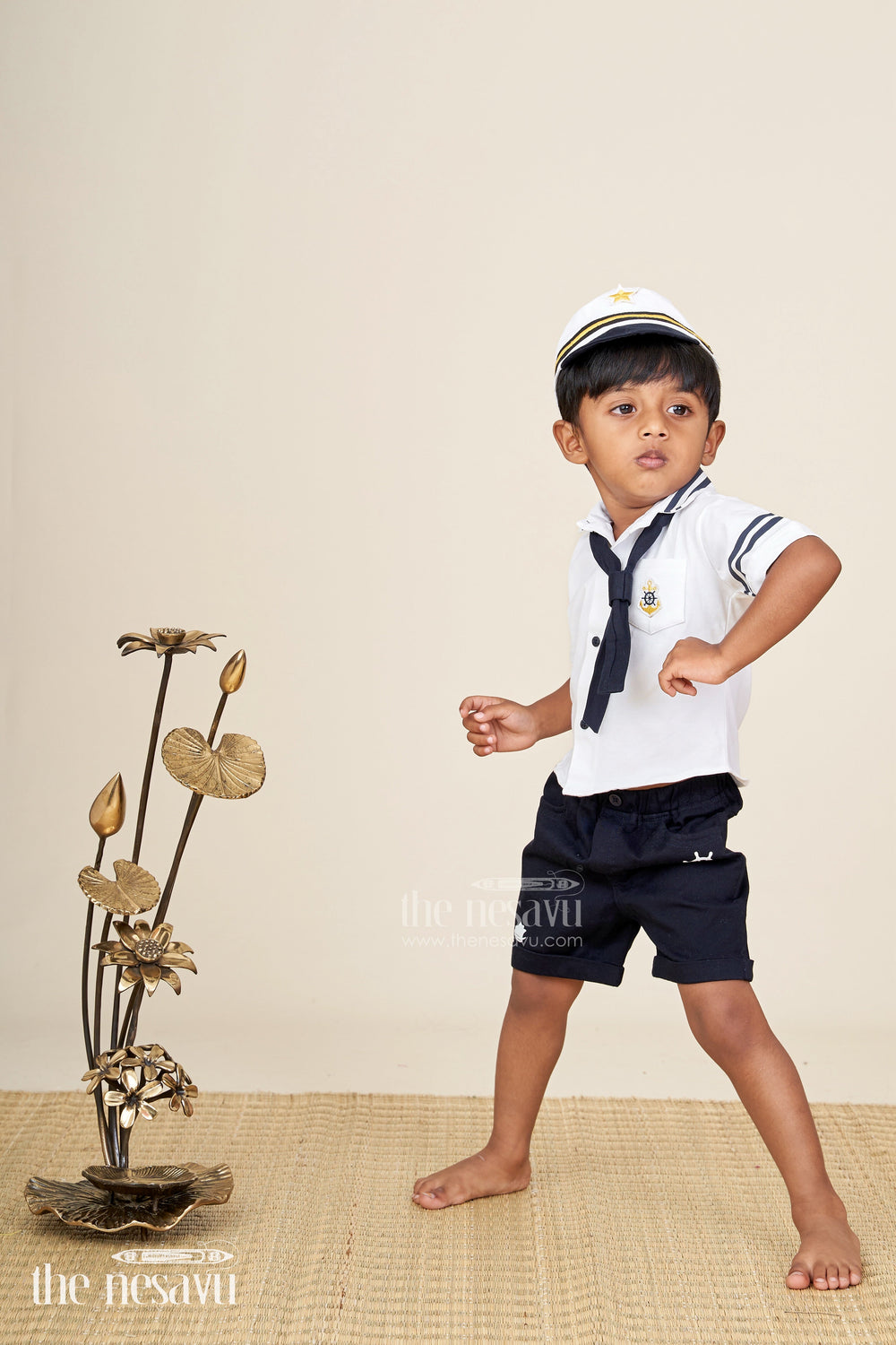 The Nesavu Boys Casual Set Toddler boys nautical knitted cotton shirt and shorts set with cap Nesavu 14 (6M) / White BCS381A-14 Nesavu toddler boys nautical knitted cotton shirt, shorts, and cap summer set