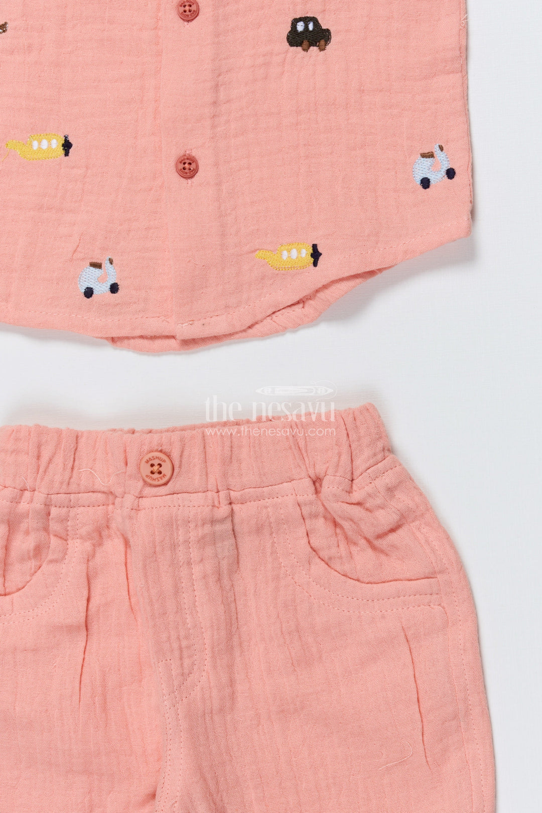 The Nesavu Boys Casual Set Toddler Boys Peach Muslin Cotton Shirt and Pants Set with Embroidery Nesavu Nesavu toddler boys muslin cotton shirt and pants set with vehicle embroidery