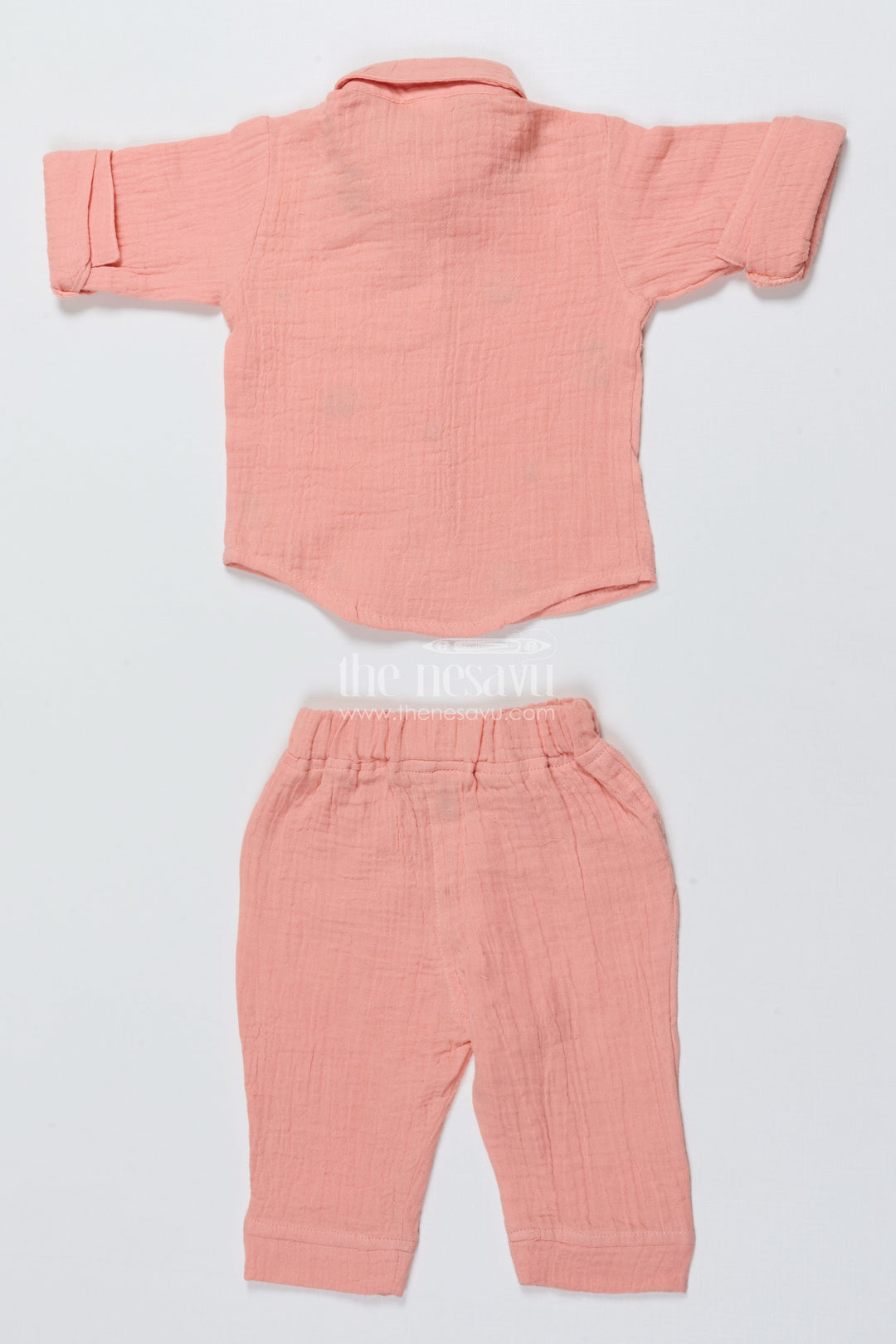 The Nesavu Boys Casual Set Toddler Boys Peach Muslin Cotton Shirt and Pants Set with Embroidery Nesavu Nesavu toddler boys muslin cotton shirt and pants set with vehicle embroidery