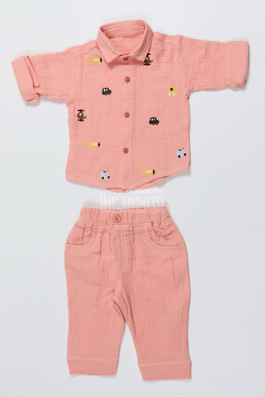 The Nesavu Boys Casual Set Toddler Boys Peach Muslin Cotton Shirt and Pants Set with Embroidery Nesavu Nesavu toddler boys muslin cotton shirt and pants set with vehicle embroidery