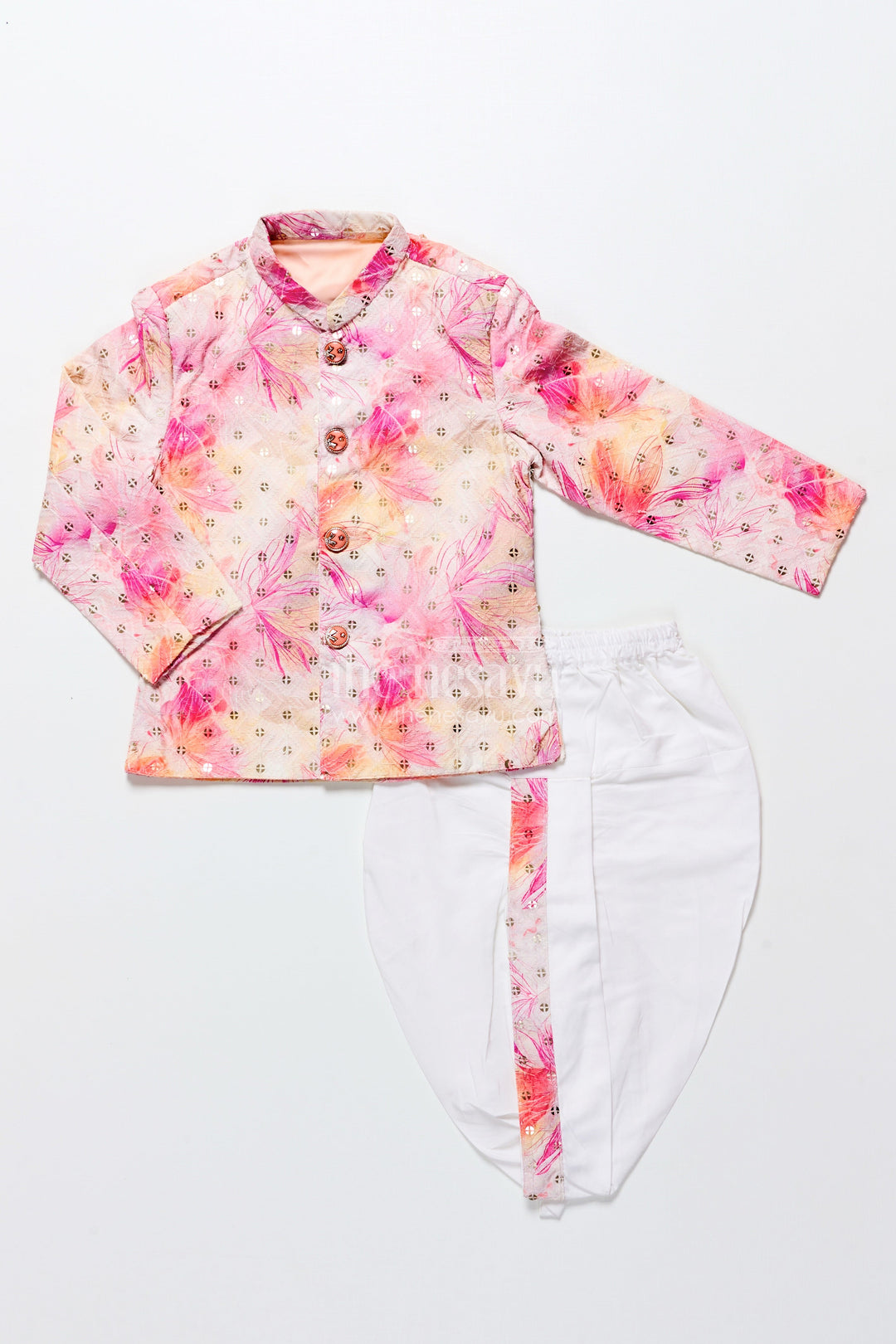 The Nesavu Boys Dothi Set Toddler Boys Pink Printed Cotton Blend Dothi Set for Festive Occasions Nesavu 12 (3M) / Pink BES872A-12 Nesavu toddler boys printed cotton blend dothi set embroidered jacket festivals
