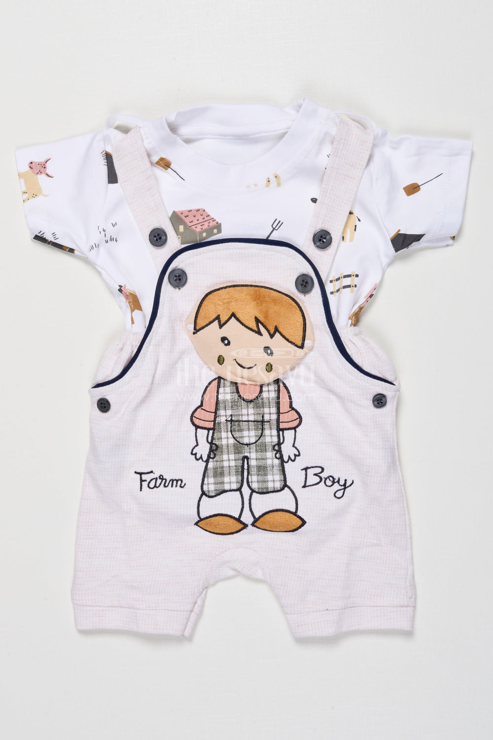 The Nesavu Boys Casual Set Toddler Boys Printed Cotton Outfit for Lounge and Play Nesavu 14 (6M) / Cream BCS531B-14 Nesavu printed cotton romper-style outfit baby boys  perfect playtime summer lounging