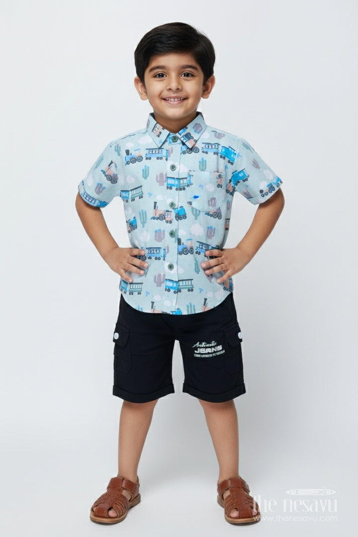 The Nesavu Boys Casual Set Toddler Boys Printed Shirt and Shorts Set for Playdates and Outings Nesavu 14 (6M) / Green BCS499A-14 Nesavu toddler boys casual cotton set digital print outings playful comfort