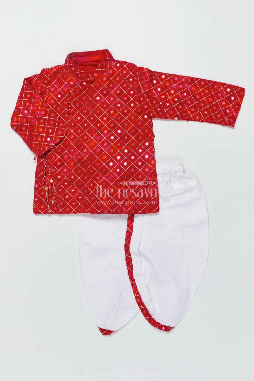 The Nesavu Boys Dothi Set Toddler Boys Red Dothi Kurta Set for Traditional Occasions Nesavu 14 (6M) / Red BES919A-14 Nesavu red embroidered boys dothi kurta set weddings traditional festivals