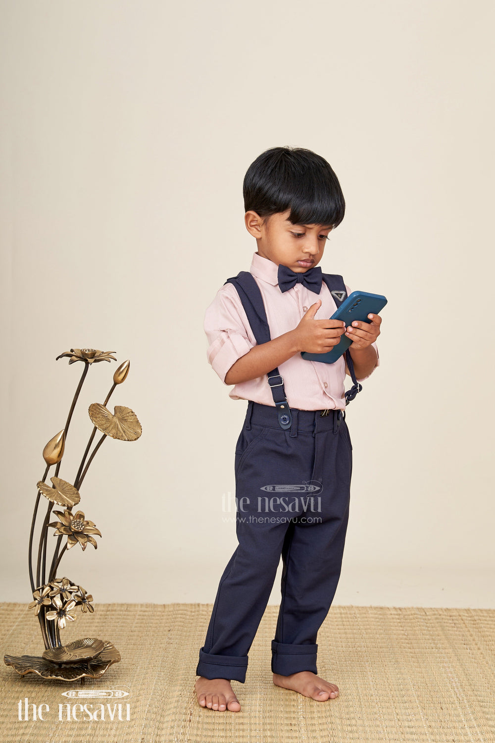 The Nesavu Boys Casual Set Toddler boys satin shirt and pants set with bow tie and suspenders Nesavu 16 (1Y) / Brown BCS376A-16 Nesavu toddler boys satin shirt with bow tie, suspenders, and navy pants set