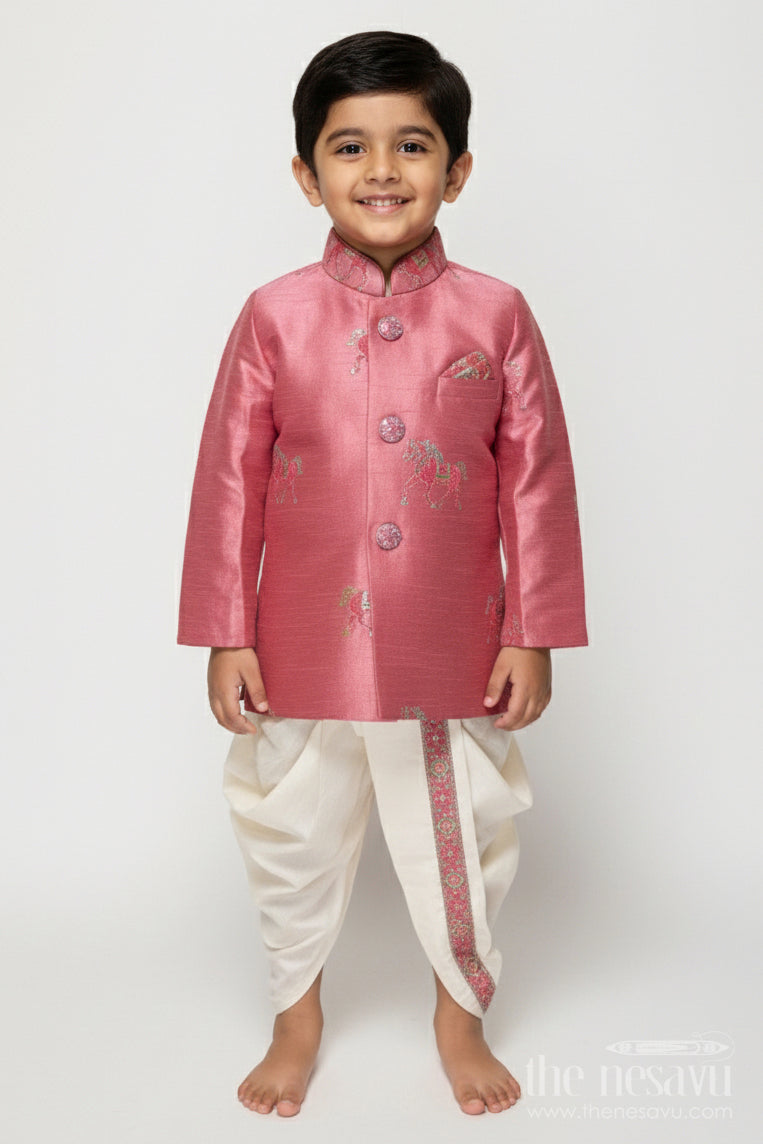 The Nesavu Boys Sherwani Toddler Boys Sherwani Set for Weddings and Ethnic Functions Nesavu 12 (3M) / Pink BES812C-12 Nesavu toddler boys sherwani set thread embroidery festive wedding wear