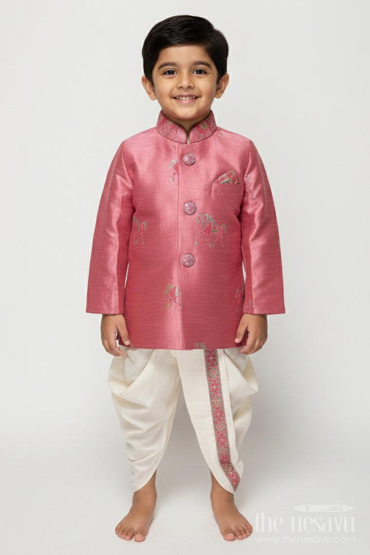 The Nesavu Boys Sherwani Toddler Boys Sherwani Set for Weddings and Ethnic Functions Nesavu 12 (3M) / Pink BES812C-12 Nesavu toddler boys sherwani set thread embroidery festive wedding wear