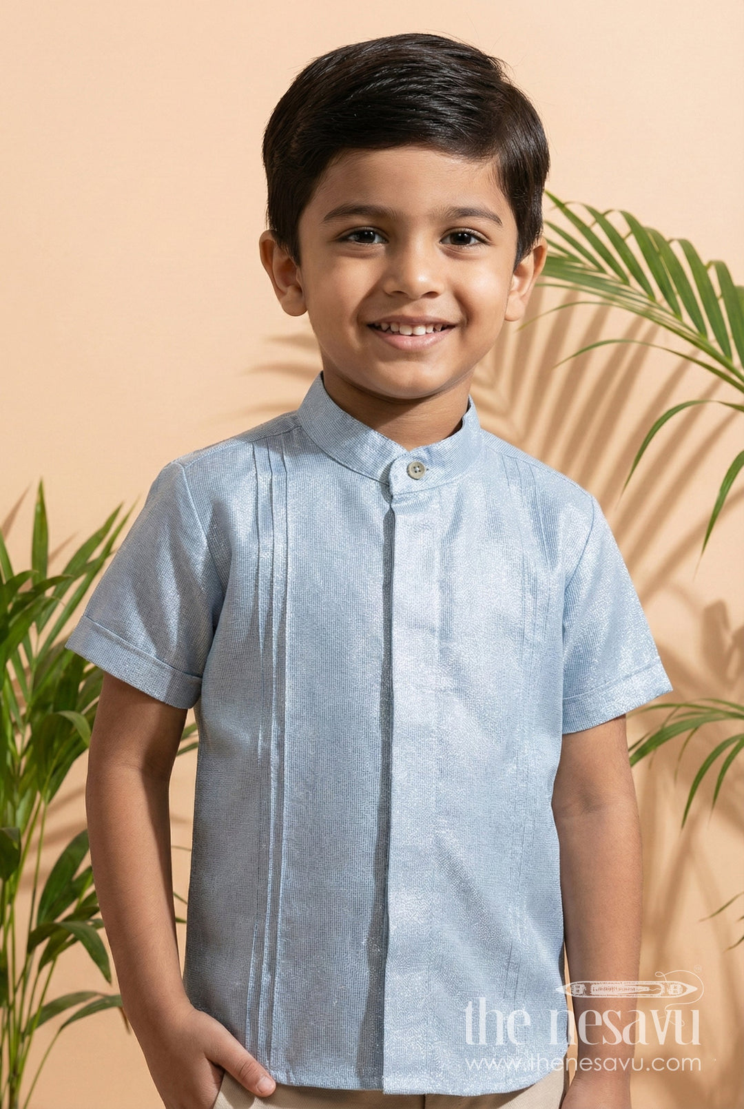 The Nesavu Boys Cotton Shirt Toddler Boys Shirt for Weddings and Temple Ceremonies Nesavu 16 (1Y) / Gray BS303C-16 Nesavu Toddler Boys Sky Blue Ethnic Shirt Traditional Wear Pintuck Detailing