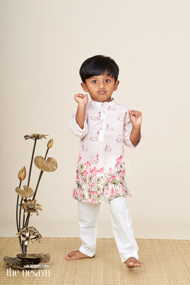 The Nesavu Boys Kurtha Set Toddler boys silk blend kurta and pants set with digital print Nesavu 16 (1Y) / Peach BCS379A-16 Nesavu toddler boys silk blend kurta and pants set with elephant and floral print