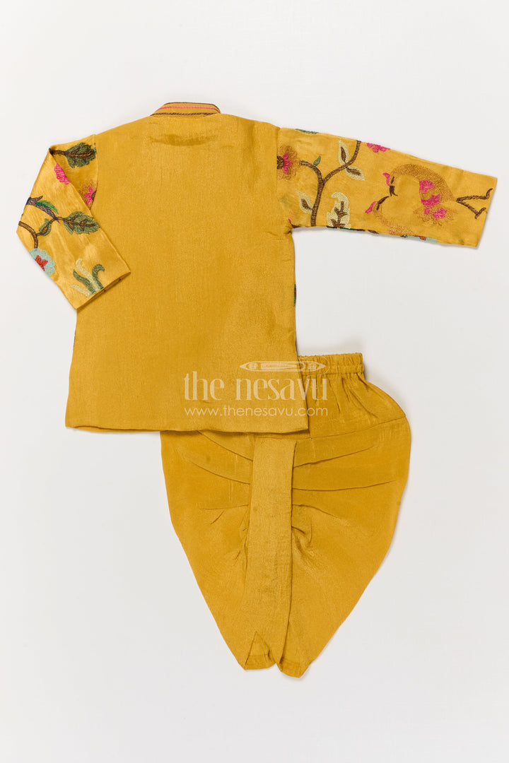 The Nesavu Boys Dothi Set Toddler Boys Thread Embroidered Dhoti Set for Weddings and Cultural Functions Nesavu Nesavu toddler boys viscose silk dhoti set with bird and floral embroidery for festive wear