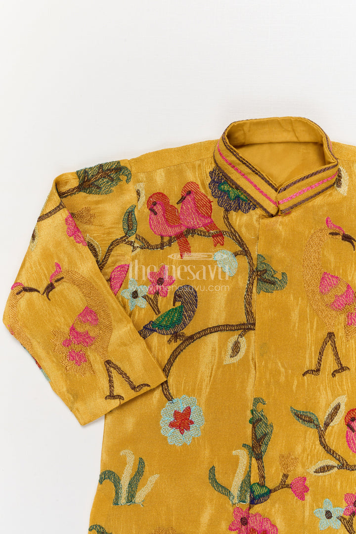 The Nesavu Boys Dothi Set Toddler Boys Thread Embroidered Dhoti Set for Weddings and Cultural Functions Nesavu Nesavu toddler boys viscose silk dhoti set with bird and floral embroidery for festive wear