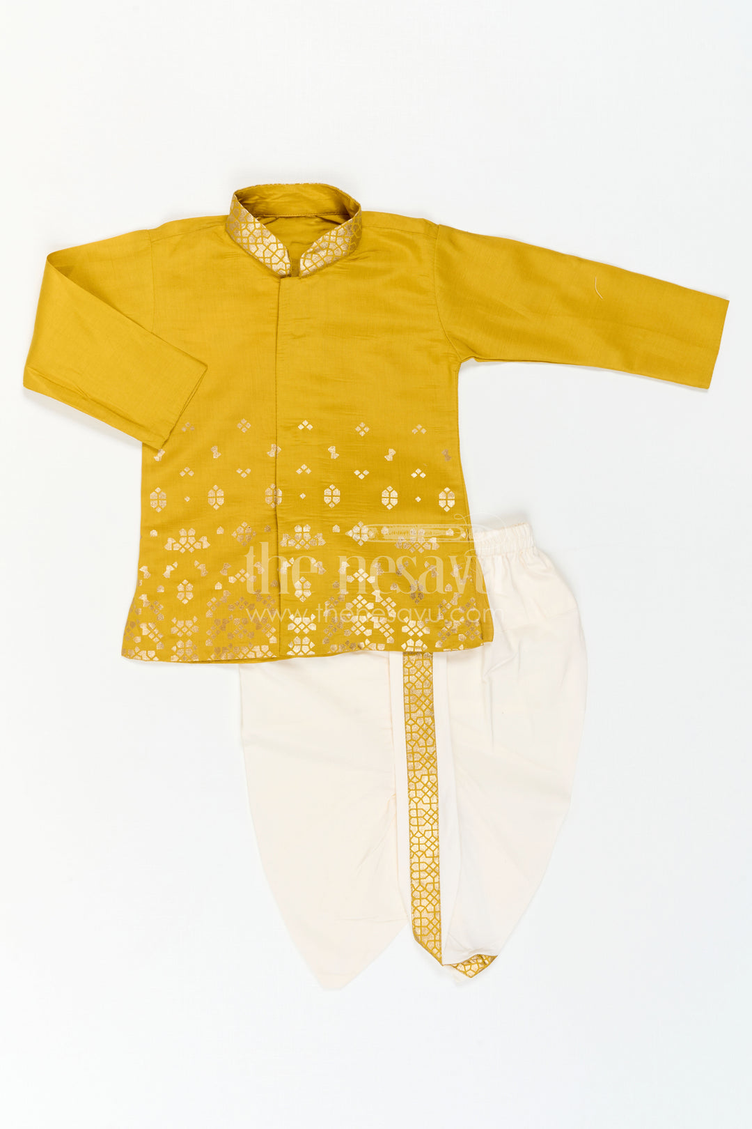 The Nesavu Boys Dothi Set Toddler Boys Traditional Dothi Outfit for Festive Celebrations Nesavu 10 (NB) / Yellow / Viscose Silk BES1018B-10 Nesavu Toddler Boys Traditional Dothi Outfit For Weddings And Festive Ethnic Celebrations