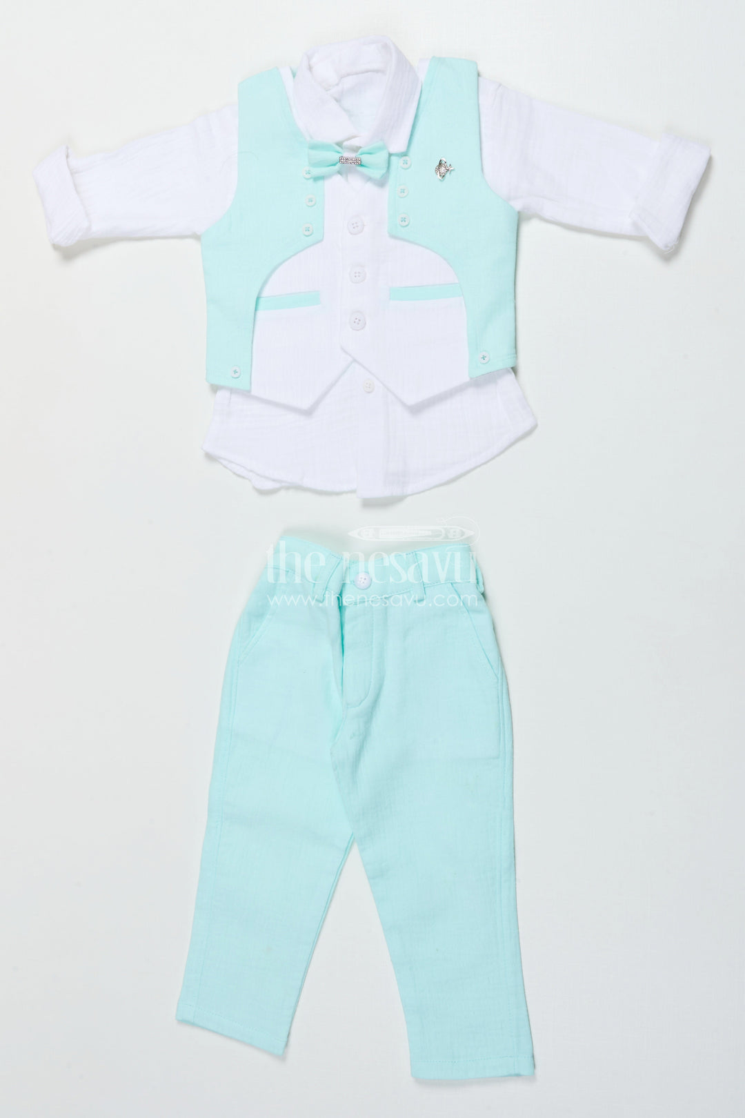 The Nesavu Boys Casual Set Toddler Boys Waistcoat Set for Birthday Parties and Family Celebrations Nesavu 12 (3M) / Blue BCS506A-12 Nesavu toddler boys muslin cotton waistcoat set with bow tie for birthdays and formal events