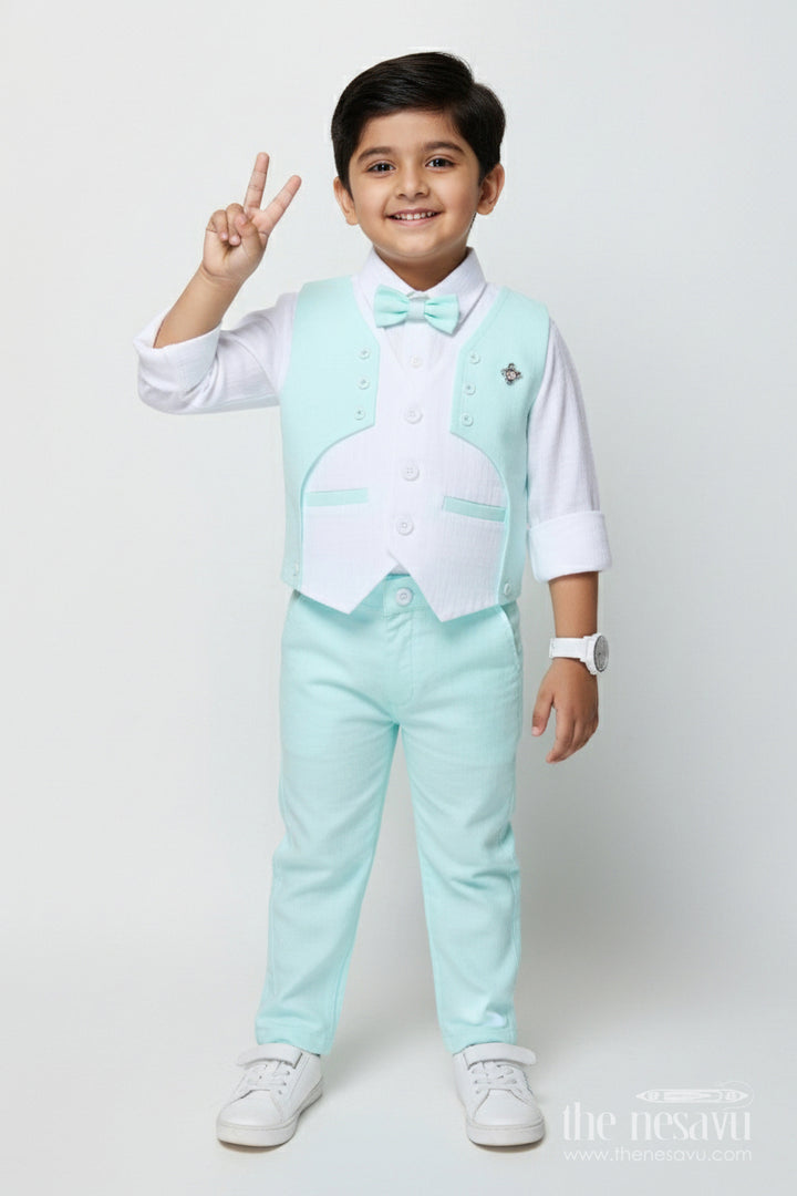 The Nesavu Boys Casual Set Toddler Boys Waistcoat Set for Birthday Parties and Family Celebrations Nesavu 12 (3M) / Blue BCS506A-12 Nesavu toddler boys muslin cotton waistcoat set with bow tie for birthdays and formal events