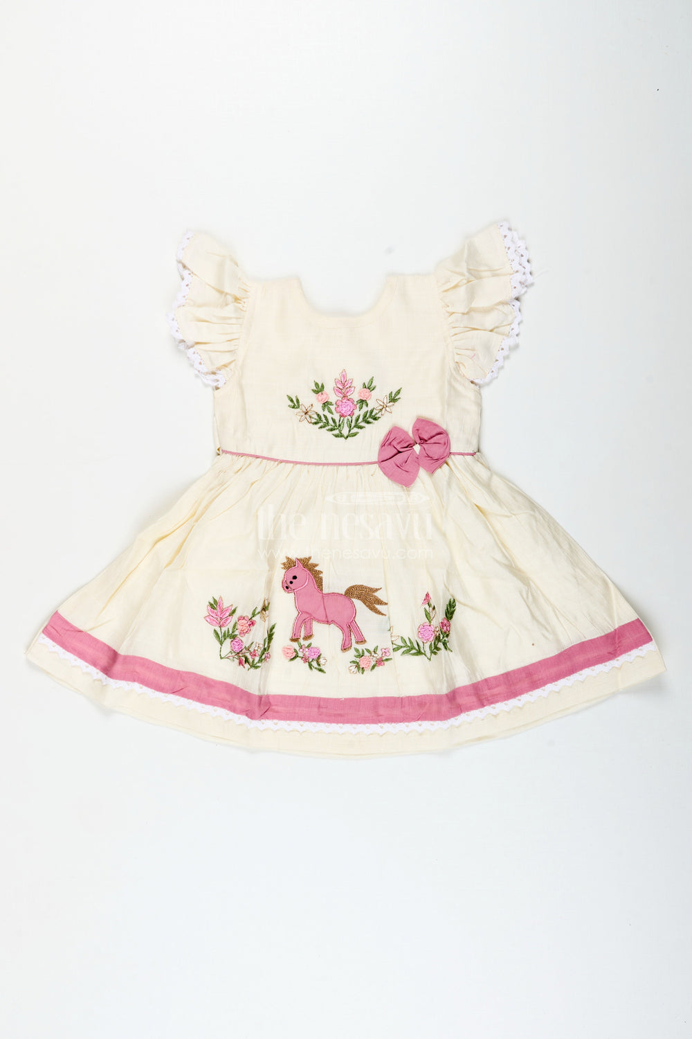 The Nesavu Girls Cotton Frock Toddler Girl Chanderi Cotton Frock with Embroidery for Ethnic Occasions Nesavu 16 (1Y) / Half white GFC1977A-16 Nesavu toddler girl embroidered cotton frock ethnic wear naming ceremonies family functions