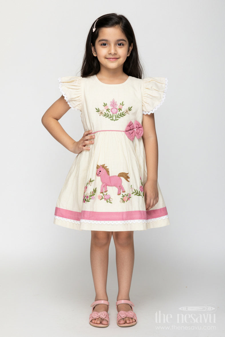 The Nesavu Girls Cotton Frock Toddler Girl Chanderi Cotton Frock with Embroidery for Ethnic Occasions Nesavu 16 (1Y) / Half white GFC1977A-16 Nesavu toddler girl embroidered cotton frock ethnic wear naming ceremonies family functions