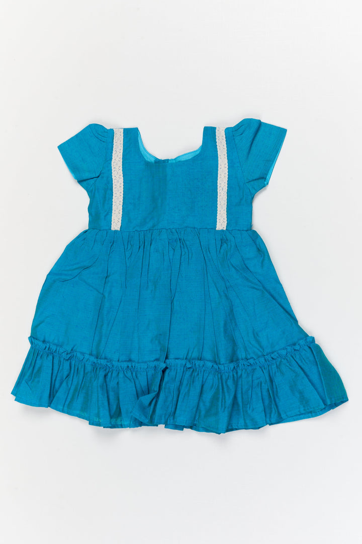 The Nesavu Girls Chanderi Frock Toddler Girl Chanderi Frock with Embroidered Lace for Daytime Celebrations Nesavu 10 (NB) / Blue / Chanderi GFC2095B-10 Nesavu toddler girl chanderi frock with ruffle and lace accents for ethnic celebrations