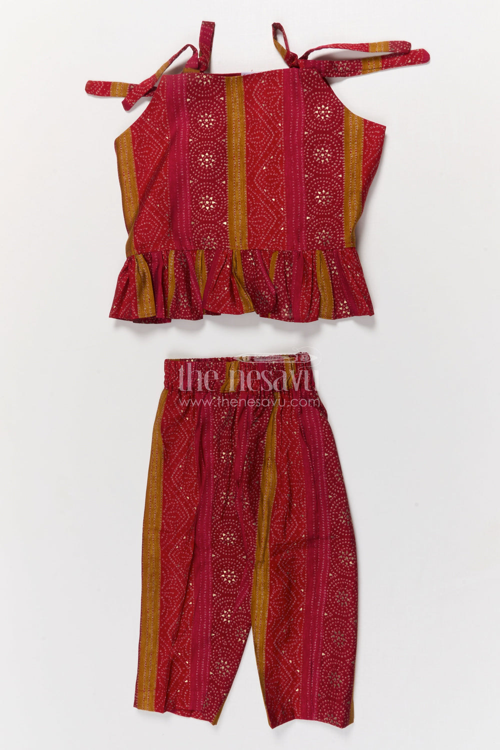 The Nesavu Girls Co-Ord Sets Toddler Girl Co-ord Set in Modal Silk for Festive and Cultural Wear Nesavu 18 (2Y) / Red GPS913A-18 Nesavu toddler girl modal silk co-ord set with ethnic prints for Diwali and family events