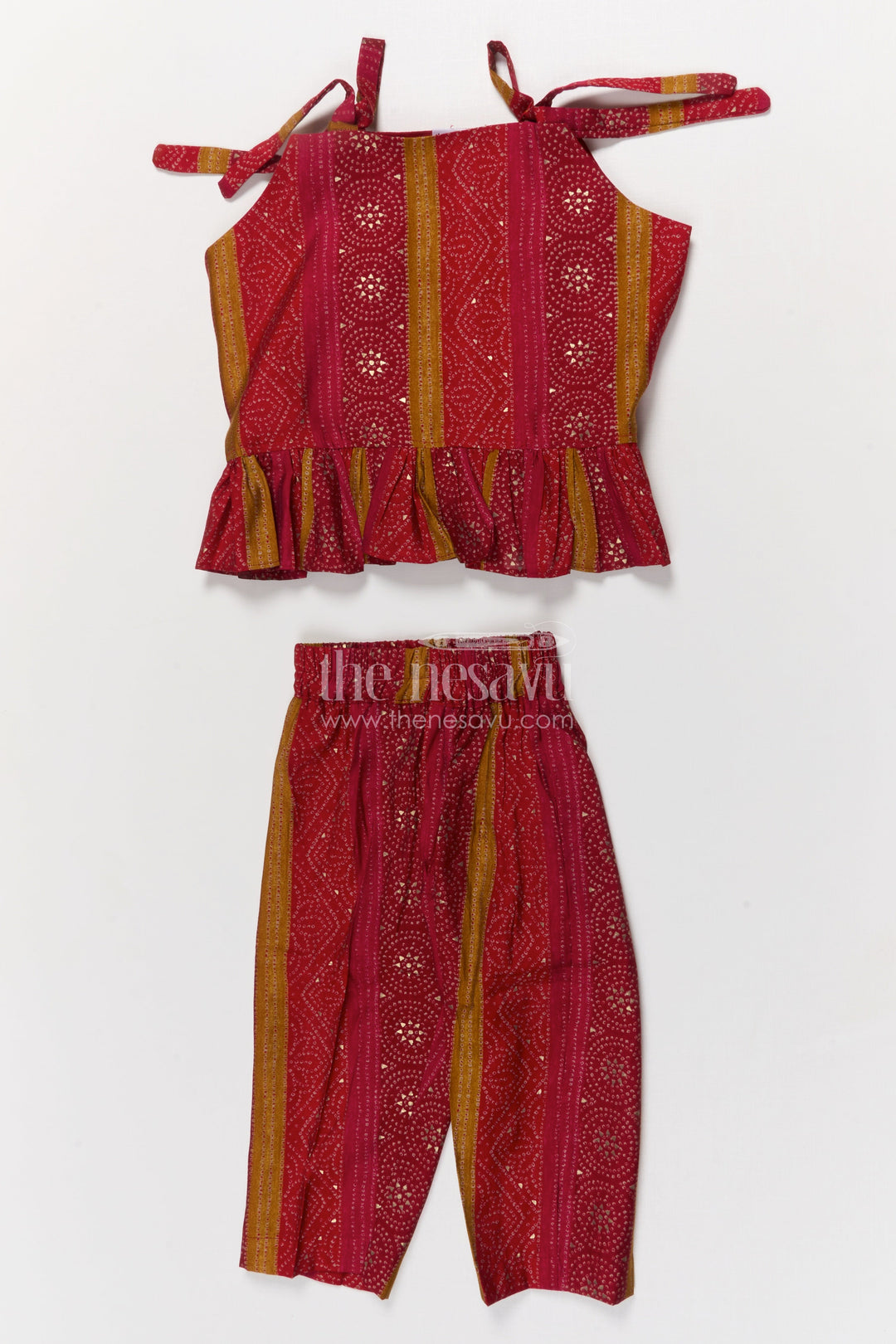 The Nesavu Girls Co-Ord Sets Toddler Girl Co-ord Set in Modal Silk for Festive and Cultural Wear Nesavu 18 (2Y) / Red GPS913A-18 Nesavu toddler girl modal silk co-ord set with ethnic prints for Diwali and family events