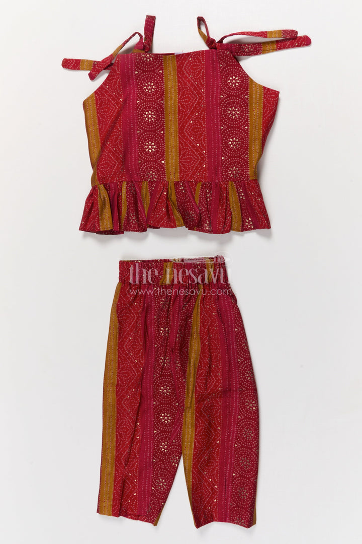 The Nesavu Girls Co-Ord Sets Toddler Girl Co-ord Set in Modal Silk for Festive and Cultural Wear Nesavu 18 (2Y) / Red GPS913A-18 Nesavu toddler girl modal silk co-ord set with ethnic prints for Diwali and family events