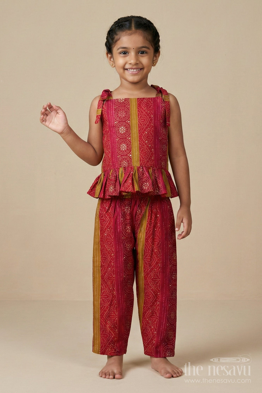 The Nesavu Girls Co-Ord Sets Toddler Girl Co-ord Set in Modal Silk for Festive and Cultural Wear Nesavu Nesavu toddler girl modal silk co-ord set with ethnic prints for Diwali and family events
