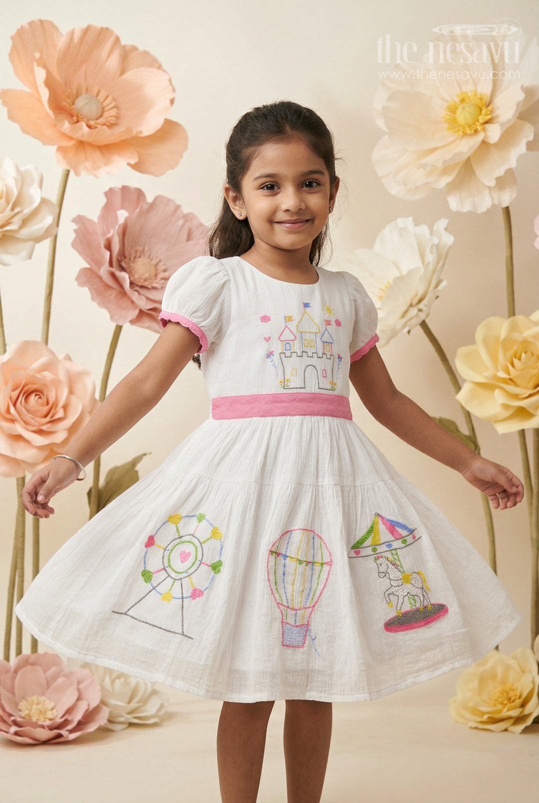 The Nesavu Girls Cotton Frock Toddler Girl Cotton Dress for Outings and Playtime Comfort Nesavu 20 (3Y) / Half white / Cotton GFC2181A-20 Nesavu Toddler Girl Cotton Dress For Outings And Playtime With Breathable Fabric And Soft Thread Embroidery