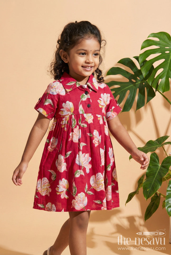 The Nesavu Girls Cotton Frock Toddler Girl Cotton Frock for Birthday Parties and Casual Outings Nesavu 16 (1Y) / Pink GFC2038A-16 Nesavu toddler girl cotton frock in pink with floral print for birthdays and casual wear