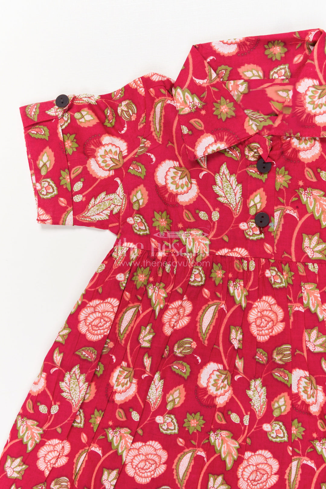 The Nesavu Girls Cotton Frock Toddler Girl Cotton Frock for Birthdays and Festive Gatherings Nesavu Nesavu toddler girl red cotton frock with puff sleeves and floral print for birthday celebrations